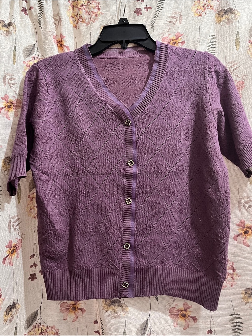 Purple Argyle Knit V-Neck short-sleeved knit pullover  lace button Front Size M